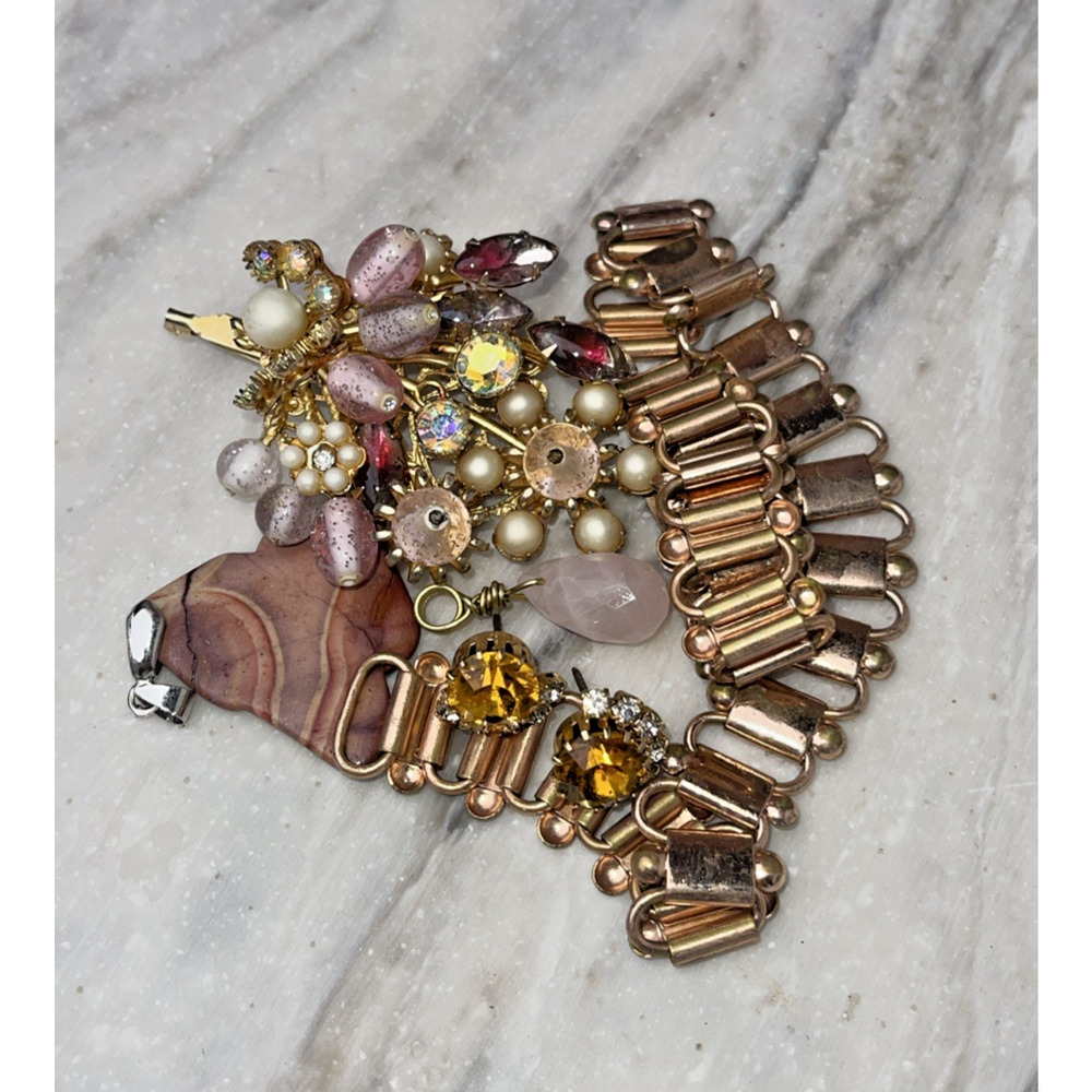 Jewelry Costume Set 5pc Women 1940s Tank Necklace MCM Rhinestone Brooch Lot
